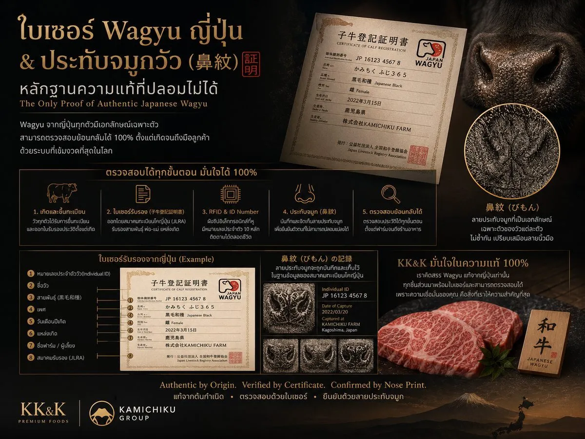 ใบเซอร์ Wagyu ญี่ปุ่น & ประทับจมูกวัว (鼻紋) — หลักฐานความแท้ที่ปลอมไม่ได้